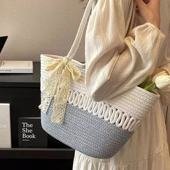 Western Style Beach Niche Style Woven Satchel Shoulder Tote Bag Gray ribbon