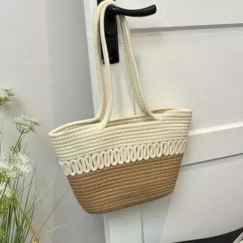Western Style Beach Niche Style Woven Satchel Shoulder Tote Bag Khakis without pendant