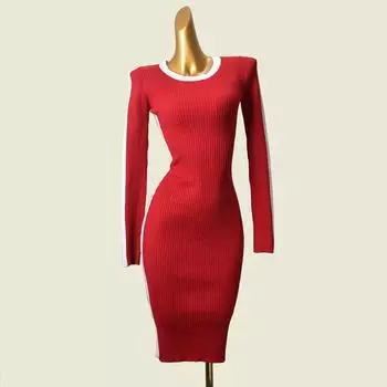 Western Style Color Matching Knitted Long sleeve dress Autumn and Winter New Slim fit Elastic Bottoming Foreign Trade Hip Skirt Women Red XS