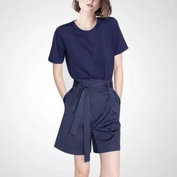 Western Style Fashion Two-Piece Suit Age-Reducing Pants Slim Looking T-shirt Navy blue (one-piece Tops) S