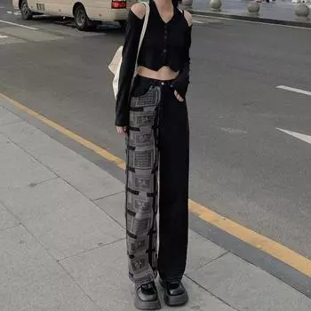 Western Style Gyaru Black Straight Jeans Women Chubby Girl Design Pattern Patchwork Mopping Floor Plus size Wide Leg Pants Black 4XL [82.50 kg-87.50 kg]]