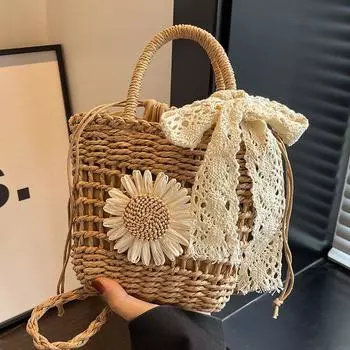 Western Style Hand-Woven Ins Shoulder Messenger Bag Khaki + Ribbon Silk Scarf
