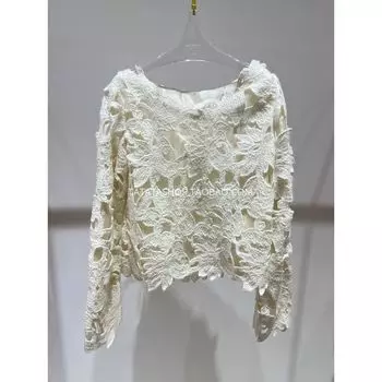 Western Style Handmade Crocheted Cut Out Long Sleeve Blouse Pullover Rice White S
