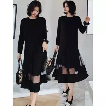 Western-Style Loose Sexy European and American-Style Dress for Plump Girls Black 2XL((72.50 kg-85.00 kg)