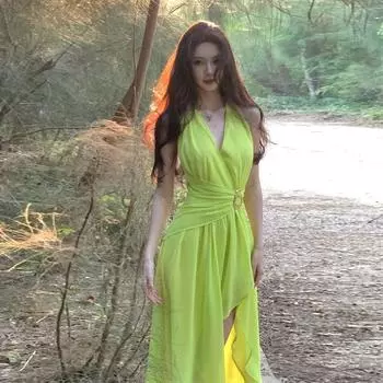 Western Style Pleat Halterneck Skirt High Slit Backless Frill Evening dress Streamer Show Vacation Island Beach Skirt Bright yellow(Model 166 44.00kg/S) S