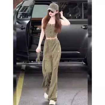 Western Style Sweet Cool Sexy Tooling Style Two-piece Set Sling Army Green Suit L(110-120)