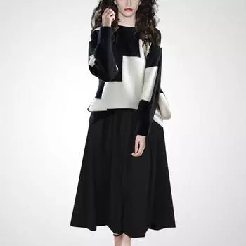 Western Style Youthful-Looking Black Skirt Salt Series Knitwear Black and White + Black S