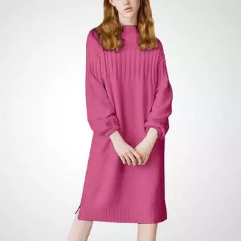 Western Style Youthful-Looking Loose Belly-Covering Knitted Dress Rose Red S