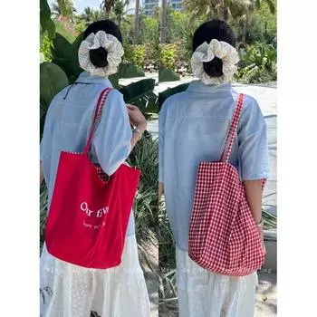 Wfei Double-sided Can Carry Red Bag Letter Canvas Bag Korean Style Large Capacity Tote Bag Idle Style Shoulder Bag Women Our red(Double-sided back)