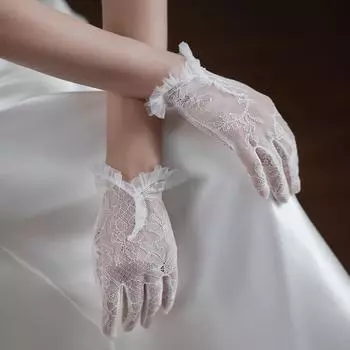 WG061 Свадебные перчатки из тюля с рюшами по краям, кружевные аппликации, короткие белые перчатки для подружки невесты, женские аксессуары для выпускного вечера