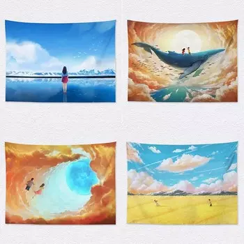 Whale Girl Pattern Tapestry Bedroom Living Room Tapestry Home Wall Decoration Tapestry 100x75cm