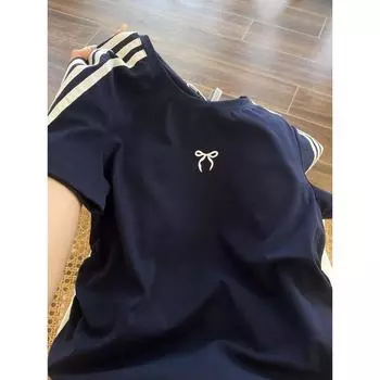 What a Korean Style! Lazy Sports Style Stripes Short Sleeves Are So Beautiful! Summer New Arrival Dark Blue White T-shirt Navy blue S