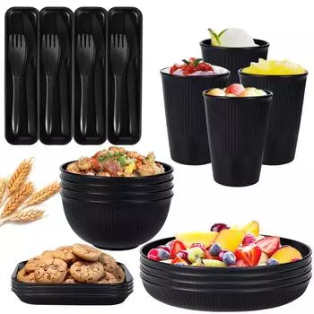 Wheat straw Black Plastic Cutlery Set Reusable Plates Bowl Cups Knife Spoon Kitchen Outdoor Camping Party Dinnerware Dishes Set