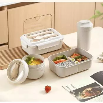 Wheat Straw Lunch Box Large Capacity Microwae Divided Bento Box with Fork Spoon and Thermos Bag Office Picnic Camp Bento Box