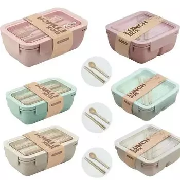 Wheat Straw Lunch Box with Spoon Healthy Free Microwave Dinnerware Food Storage Container Soup Cup Lunch Box for Kids Office