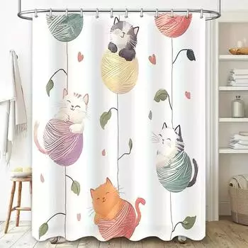 Whimsical 3D Cat Play Yarn Ball Shower Curtain Waterproof Bathroom Decor Playful Pet Theme Drapes with Rod for Cat Lovers 120X180cm