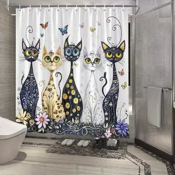 Whimsical Cat Shower Curtain - Fun Hand-Drawn Design with Floral & Butterfly Accents, Water-Resistant Polyester Fabric W90xH180cm