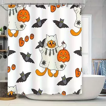 Whimsical Halloween Shower Curtain SetCats Pumpkins Decor White Fabric Waterproof Bath Liner for Kids Room Home Decoration (Whit 90x180cm