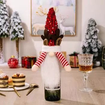 Whimsical Red Yellow And Black Sequin Hat Wine Bottle Ensembles With Antlers For Festive Christmas Decor