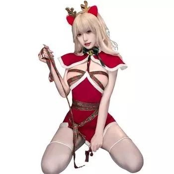[WhimsiNova] Санта косплей комплект из 6 предметов рождественский костюм милый оленьи рога костюм Санта-Клауса женское сексуальное нижнее белье радикальное искушение пустой сундук