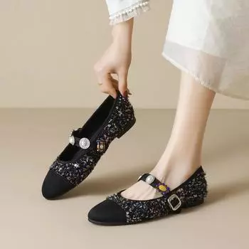 Whiskers Girl 2025-38 Gentle Little Fragrance Mary Jane Shoes Flat Color-Blocked Straight Buckle Ballet Soft Soled Shoes 35 розовый