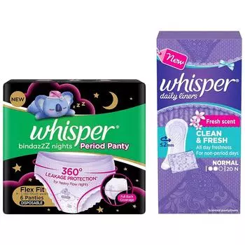 Whisper Bindazzz Nights Period Трусики для женщин и девочек, Гигиенические прокладки для женщин (Пакет из 1) 6 Count (Pack of 1)