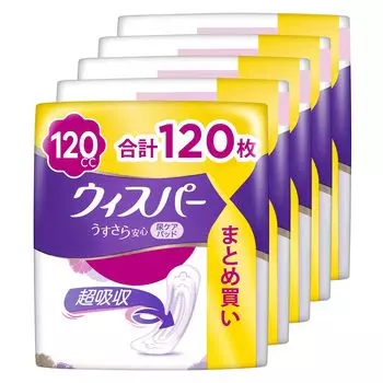 Легкая и безопасная салфетка для сбора мочи Whisper 120 см3 120 листов x 5 для среднего уровня утечки [Оптовая закупка/Большая емкость] (24 упаковки) (Мочеприемник, женский)
