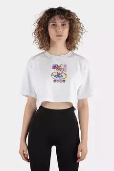 White 100% Cotton Crew Neck Crop T-shirt Sailor Meow