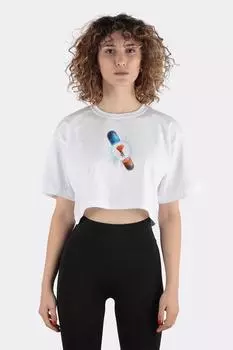 White 100% Cotton Crew Neck Crop T-shirt Powerfull Pills