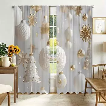 White and Gold Christmas Curtains Elegant Charming Christmas Tree and Ball Print Curtains for Bedroom Living Room Kitchen Window Rod Pocket