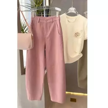 White Autumn Wide Leg Sports Yuppie Casual Pants Pink S