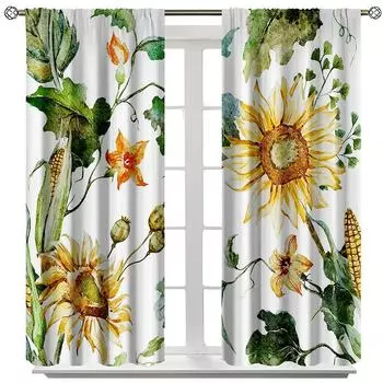 White Background Yellow Sunflower Print High Shading Curtain Bedroom Living Room Window Home Decoration 2Pcs Shading Hot Selling W55 X H120cm X 2&HOOK