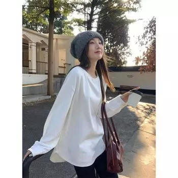 Белая базовая свободная футболка с длинными рукавами для женщин на осень и зиму, теплый внутренний слой с верхом средней длины из немецкого бархата S