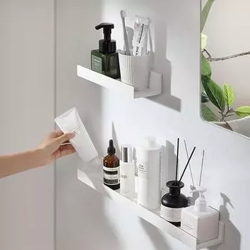 White Bathroom Shelf ABS No Drill Washstand Cosmetics Storage Rack Wall Mounted Toilet Shampoo Holder