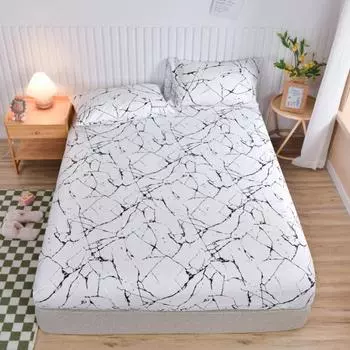 White Bed Sheet With Elastic Band Marbling Printed Single/Queen/King Size Fitted Bed Sheets For Double Beds All-Around Bed Cover 2 pillowcase48x74cm