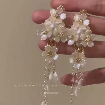 White Best Selling Women s French Tassel Stud Earrings Flower S925 Silver Needle-Ear Holes