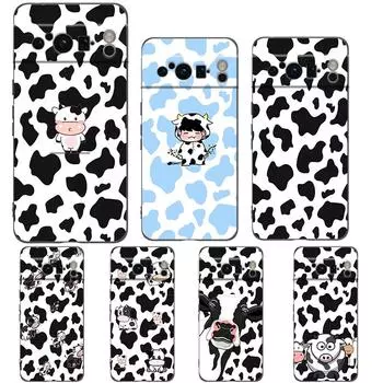 White Black Cow Pattern Phone Case For Google Pixel 8 7 6 Pro 6A 7A 5G Soft Silicone Shockproof TPU Black Cover Fundas Pixel 7 Pro