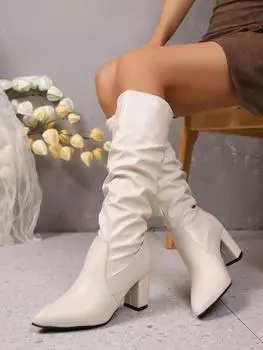 White boots high-heeled boots women s 2025 autumn new modified legs large tube circumference pointed thick heel stacking boots 35