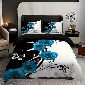 White Butterfly Blue Flower 3D Printed Quilt Cover Beautiful Floral Bedding Cover Pillowcase Luxury Home Textiles Duvet Cover EU single(135x200cm)