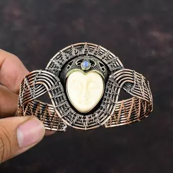 White Carved Bone Face Cuff Bracelet Copper Wire Wrapped Jewelry Gemstone Bangle Adjustable Cuff Bracelet Moonstone Bangle Handmade Jewelry