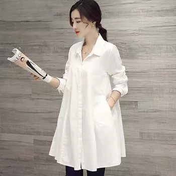 White Casual Loose Blouses Women Spring Fashion Mid Length Loose Long Sleeves Blouses XXXL