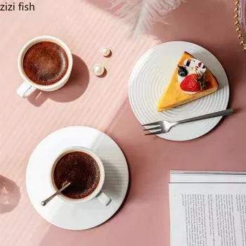 White Ceramic Plate Round Cup and Saucer Dessert Plate Snack Tray Sushi Plates Refreshment Tray Cake Plates Dim Sum Dish