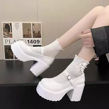 White Chunky Platform Mary Janes Women 2024 Buckle Strap Super High Heels Pumps Woman Patent Leather Thick Heeled Party Shoes 34 бежевый