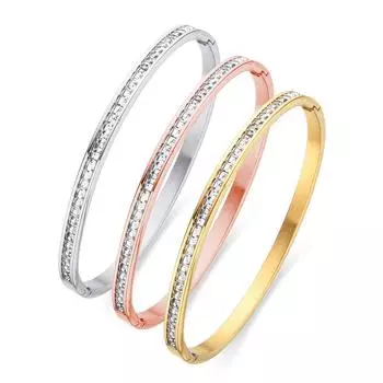 White Cubic Zirconia Stainless Steel Bracelets Rhinestone Bangle for Women Fashion Jewelry Friendship Souvenir Gifts 18cm