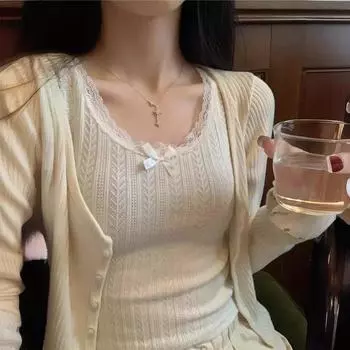 White Cut-out Lace Camisole Women s Summer New Cropped Bow Slim Fit Top One size