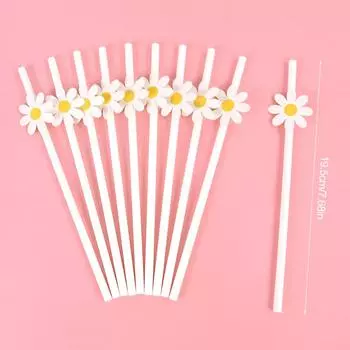 White Daisy Flower Disposable Paper Drinking Straw for Daisy Theme Birthday Party Wedding Decoration Favors Baby Shower Supplies 10pcs