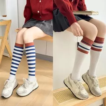 White Double Needle Striped Calf Socks Combed Cotton Japanese Retro Women S Medium Tube Socks College Cotton Socks One Size