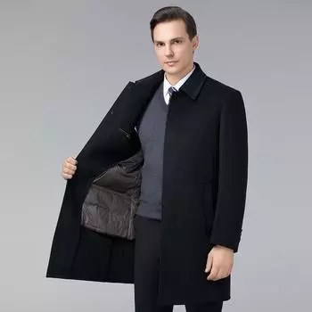 White duck down lining double-sided woolen coat men s woolen windbreaker mid-length cashmere coat spring, autumn and winter 170