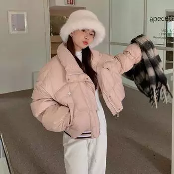 White duck down short down jacket women s 2024 winter fashion sweet bud sleeves warm puffs student bread jacket One size серо голубой