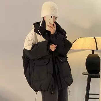 White duck down thickened down jacket women s hooded contrasting color large pocket white duck down small warm jacket tide One Size чёрный